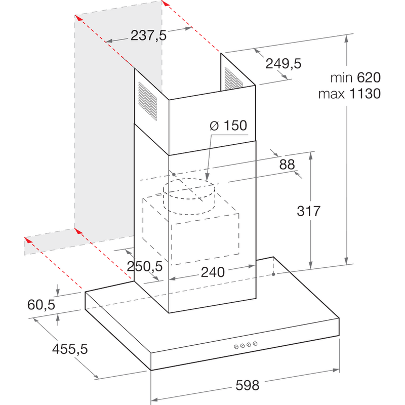 Hotpoint_Ariston Cappa Da incasso HHBS 6.7F LT X Inox Montaggio a parete Elettronico Technical drawing