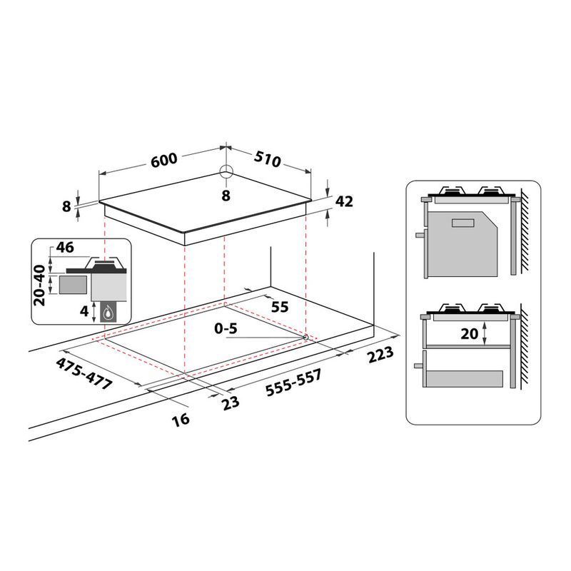 Hotpoint_Ariston Piano cottura FTGHG 641 D/HA(BK) Nero GAS Technical drawing