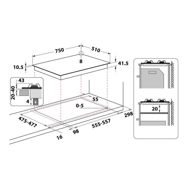 Hotpoint_Ariston Piano cottura FTGHG 751 D/HA(BK) Nero GAS Technical drawing