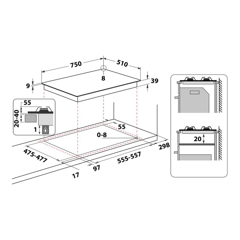 Hotpoint_Ariston Piano cottura PCN 752 T/IX/HA Inox GAS Technical drawing