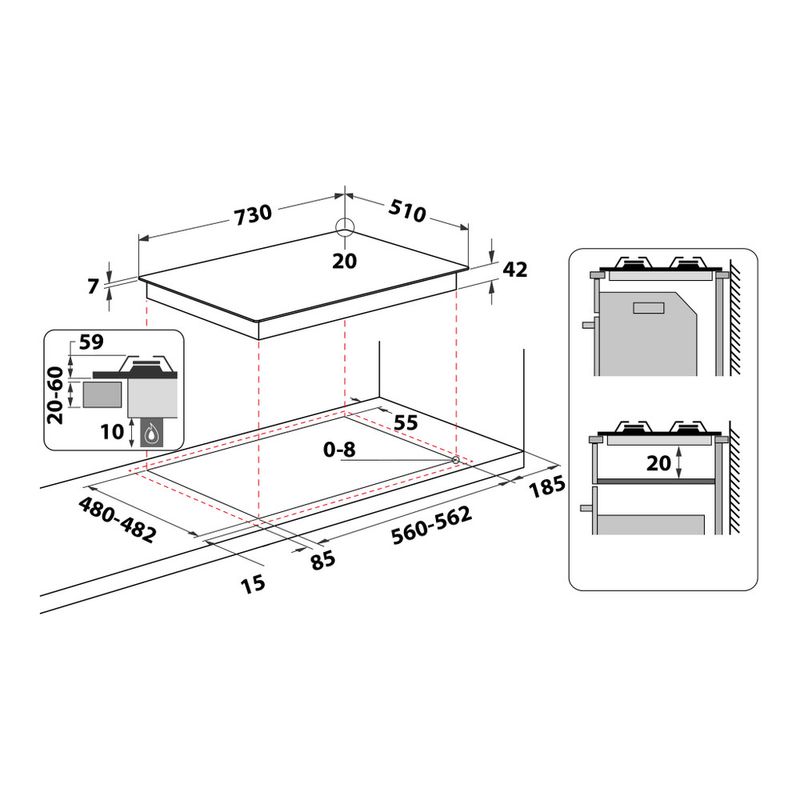 Hotpoint_Ariston Piano cottura HAGD 72S/MR Specchio GAS Technical drawing