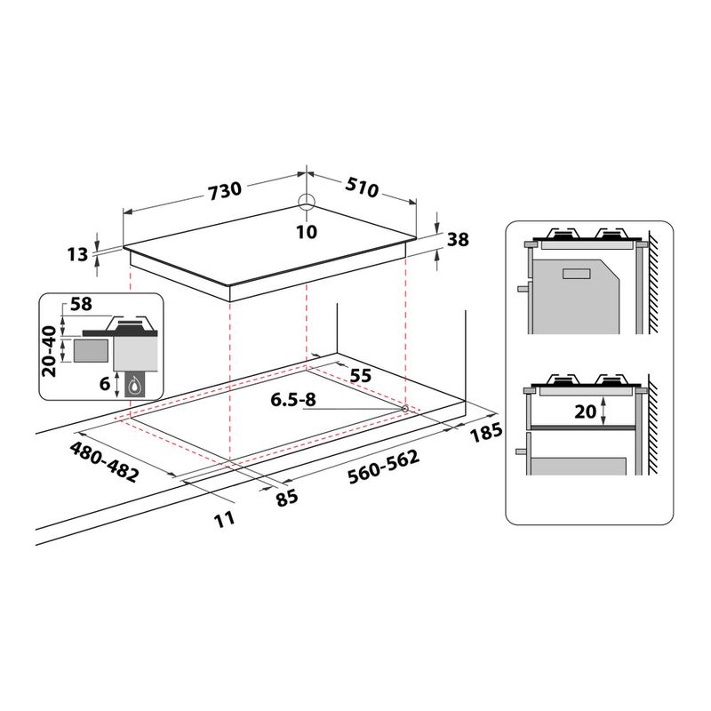 Hotpoint_Ariston Piano cottura PPH 75P D/IX Inox GAS Technical drawing
