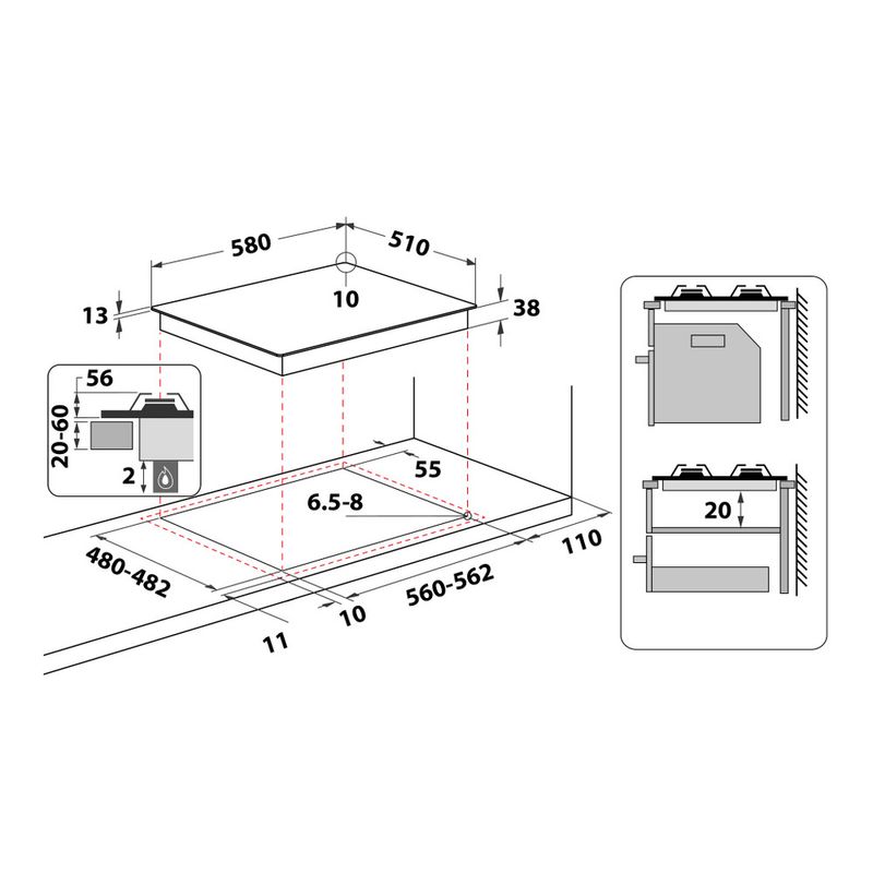 Hotpoint_Ariston Piano cottura PPH 60P D/IX Inox GAS Technical drawing