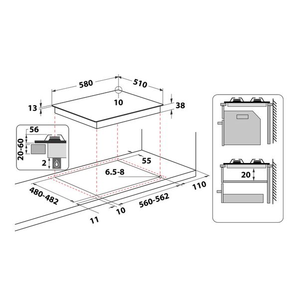 Hotpoint_Ariston Piano cottura PPH 60G D/IX Inox GAS Technical drawing