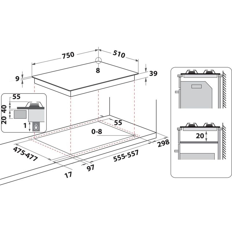 Hotpoint_Ariston Piano cottura PCN R753N T/IX/HA Inox GAS Technical drawing